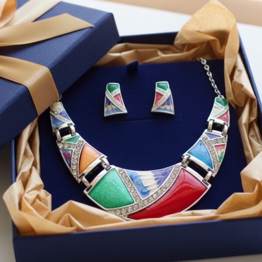 Womens Silver Multi-Color Pendant Necklace Earring Set